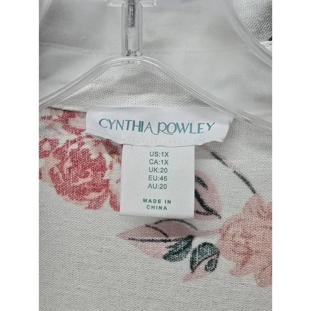 Cynthia Rowley Floral Print Shirt Blouse Women Sz 1X Long Sleeve top Linen Blend